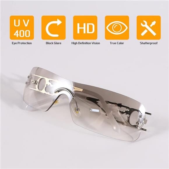 Y2K Rimless Sunglasses Flame Rectangle Vintage Retro Eyewear Unisex UV400 Fashio - Picture 5 of 7